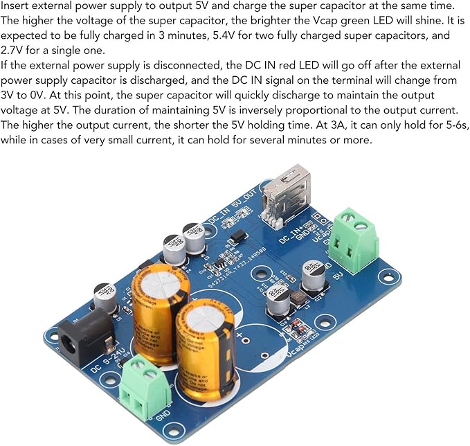 Super Capacitor UPS 5V3A Output, Compact Design with Power Indicator for RPI Uninterruptible Power Supply (2S)