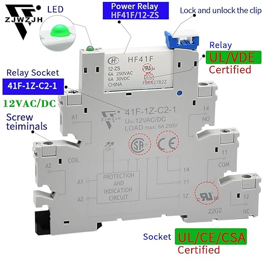 (10Pcs) 12V Relay Din Rail; Silm Relay 12V DC/AC 6Amp 5Pin 1NO 1NC SPDT with LED Indicator, Socket, Jumper DIN Rail Mount 12 Volt UL Certification