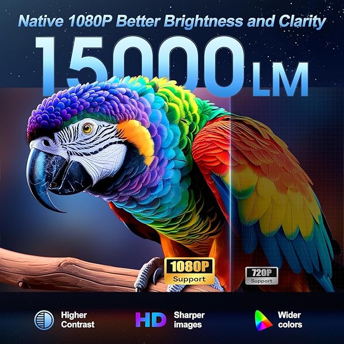 15000 Lumens Outdoor Movie Projector - Native 1080P HD Portable Projector with WiFi 6/Bluetooth 5.2, Compatible with iPhone, Android, Fire Stick, PS5, Xbox(USB-C Cable) ±15° Keystone