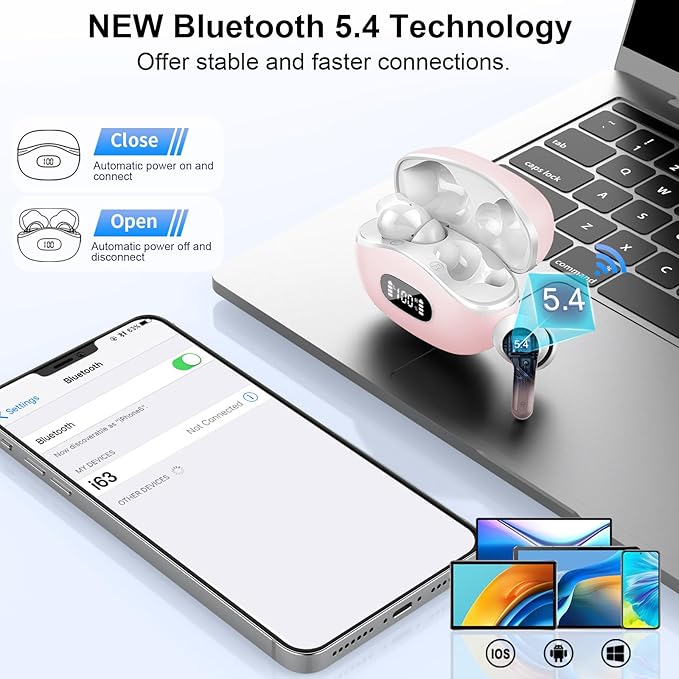 Wireless Earbuds, Bluetooth Headphones 5.4 HiFi Stereo, Ear Buds with 4 ENC Noise Cancelling Mics, 48H Bluetooth Earbuds with Dual LED Display, IP7 Waterproof in Ear Earphones for Android iOS, Pink