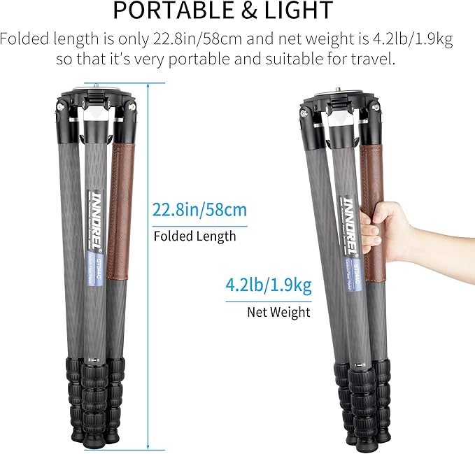 Carbon Fiber Tripod-INNOREL ST344C Professional Heavy Duty Camera Stand with 75mm Bowl Adapter Tube Leg 34.4mm, Max Load 77.2 lbs/35kg,Max Height 63 in/160cm for DSLR Travel Shooting No Mid-Column