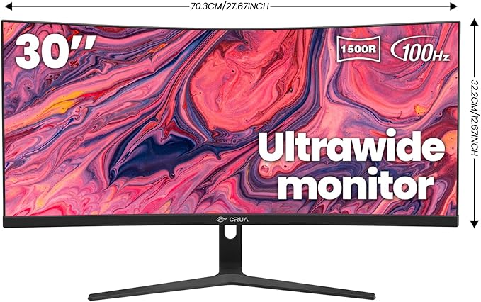 CRUA 30Inch Ultrawide Curved Monitor, 21:9 WFHD(2560x1080P) VA Computer Monitor, 120% sRGB 100HZ 1500R PC Monitors Support FreeSync, Wall-Mounted, with HDMI/DP Display Port-Black