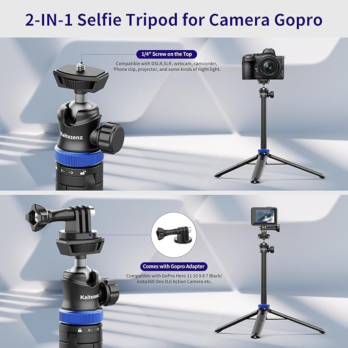 Selfie Stick Tripod for Gopro Camera, 62" Extendable Tripod Stand with 360° Ball Head 1/4" Screw, Portable Lightweight Camera Tripod for GoPro Max Hero 11 10 9 8 7 6 5 DJI OSMO Action Camera