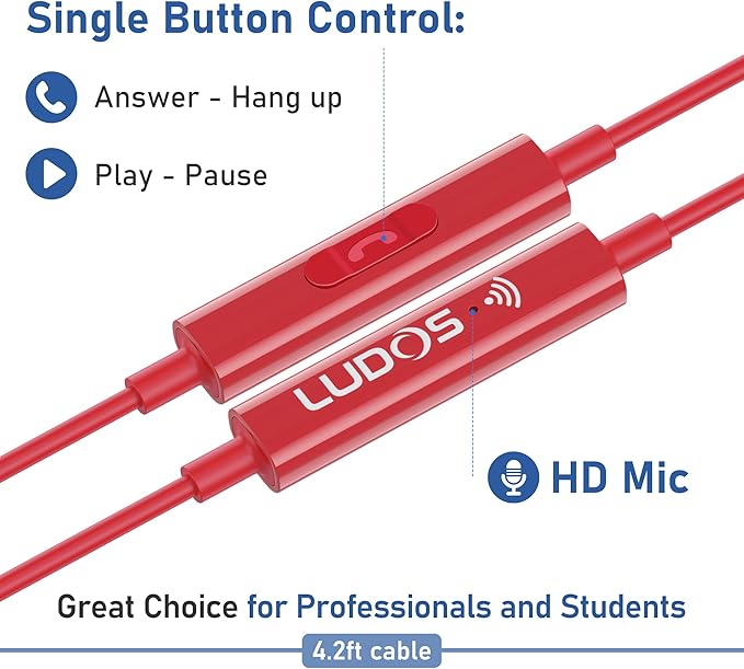 LUDOS FEROX Wired Earbuds in-Ear Headphones, 5 Years Warranty, Earphones with Microphone, Noise Isolation Corded for 3.5mm Jack Ear Buds for iPhone, Samsung, Laptop, Kids, School Students - Red