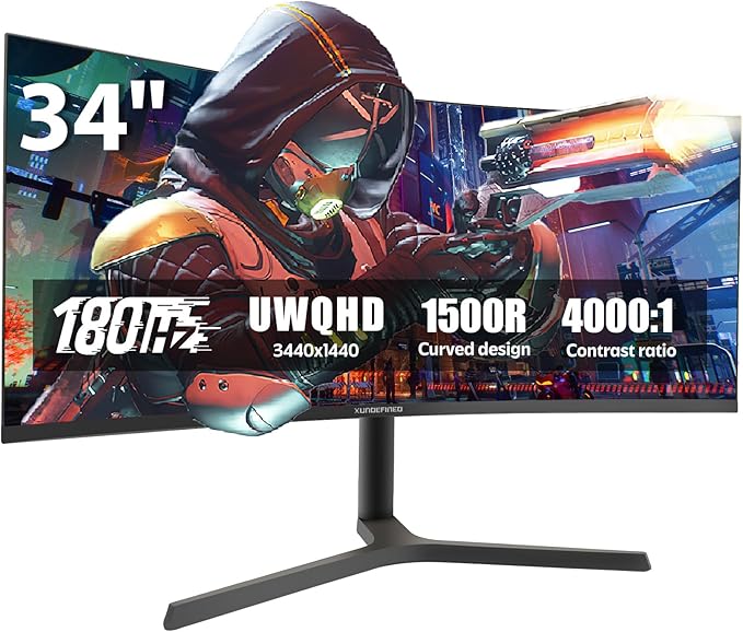 34 Inch Curved Monitor with Speaker, 180Hz UWQHD 3440x1440 Ultrawide Curved Gaming Monitor Split Screen, 4000：1 Contrast, sRGB 126%, FreeSync & G-SYNC, HDMI, DisplayPort, VESA, Height/Tilt/Swivel
