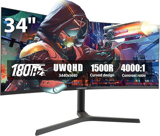 34 Inch Curved Monitor with Speaker, 180Hz UWQHD 3440x1440 Ultrawide Curved Gaming Monitor Split Screen, 4000：1 Contrast, sRGB 126%, FreeSync & G-SYNC, HDMI, DisplayPort, VESA, Height/Tilt/Swivel