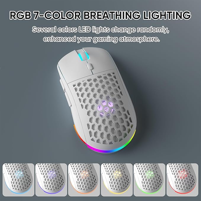 Honeycomb M32 Wireless Gaming Mouse - 2.4GHz RGB Rechargeable Ergo Mouse with Silent Clicks & 3200 DPI for PC/Mac -White