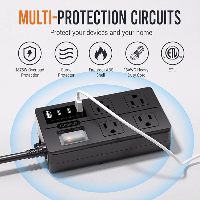 VNJ Outdoor Power Strip with 4AC Outlets + 4USB Ports, IPX6 Waterproof Surge Protector, Safety Lock Design and ETL-Certified Cables, 10FT Extension Cord for Home, Garden, and Commercial Use