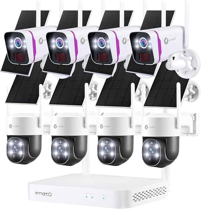 XMARTO 100% Wire-Free Solar PTZ Home Security Camera System Wireless, 4-Set 2K 4MP PTZ CCTV Camera Kit with 4K 10CH Expandable WiFi NVR + 4PCS 4MP Solar Battery WiF Cameras
