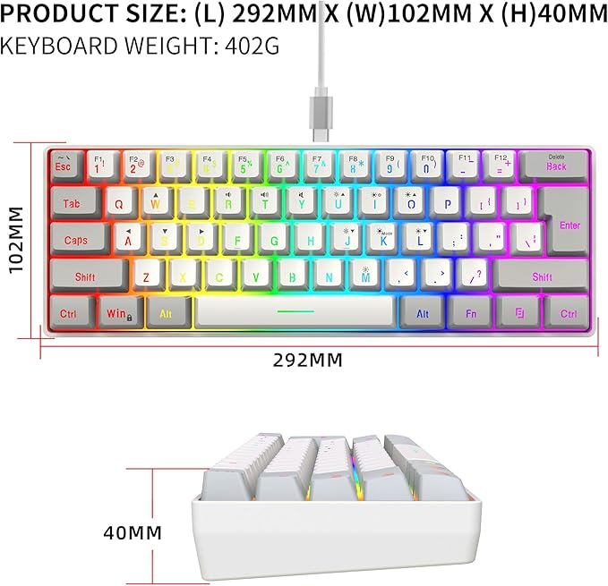 Snpurdiri 60% Wired Gaming Keyboard, 61 Keys RGB Backlit Small Gaming Keyboard for PC/Mac Gamer, Typist, Travel, Easy to Carry on Business Trip(Grey-White)