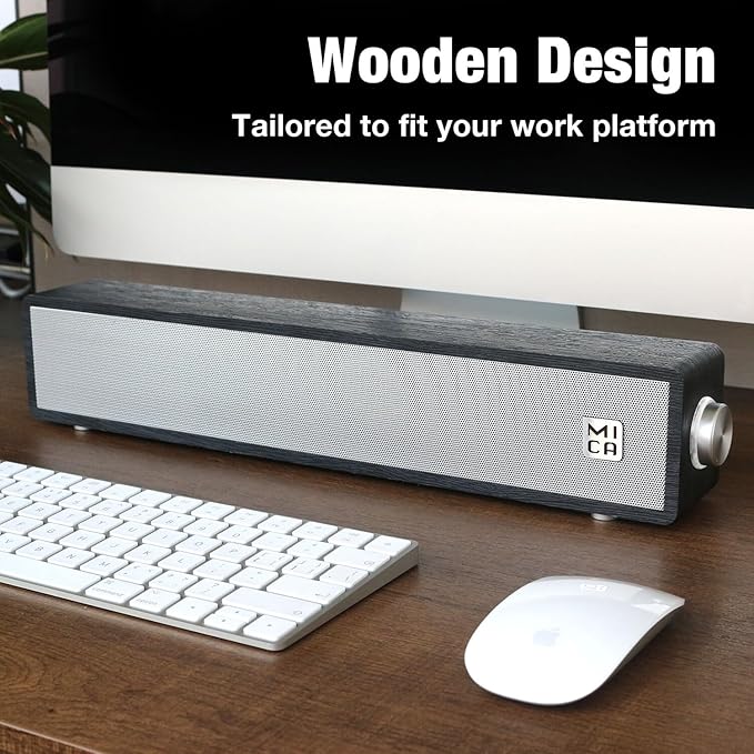 MICA Computer Speakers, Wired Computer Sound Bar, Wooden Mini Soundbar, USB Powered PC Speakers 3.5mm AUX & PC Input (Black)