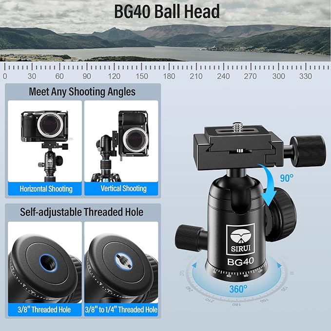 SIRUI 60" Carbon Fiber Tripod for Camera with 360° Panoramic Ball Head, Arca QR Plate, Compact Lightweight 2.1lbs Travel Tripod for DSLR Video Camcorder, Max Load 10kg, Traveler X-III