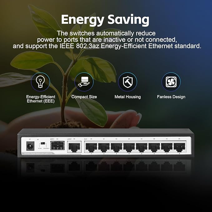 10 Port Gigabit Switch, 8 x 100/1000Mbps Ports, 1 Gigabit Uplink, 1 Gigabit SFP, Support Vlan, Metal Fanless Unmanaged Plug and Play YuLinca Ethernet Switch