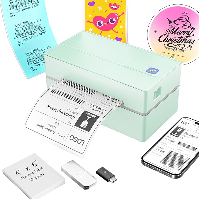 Bluetooth Thermal Shipping Label Printer: 4x6 Wireless Mini Clear Label Maker with Waterproof Tape for Small Business - Widely Used for USPS UPS Ebay Amazon Shopify Etsy, Green
