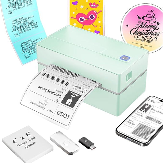 Bluetooth Thermal Shipping Label Printer: 4x6 Wireless Mini Clear Label Maker with Waterproof Tape for Small Business - Widely Used for USPS UPS Ebay Amazon Shopify Etsy, Green