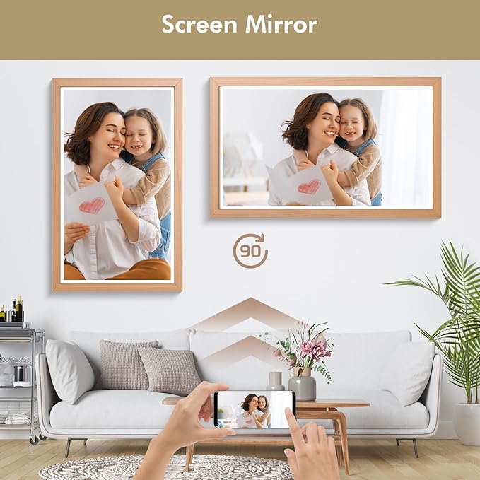 21.5" Large Digital-Picture-Frame Smart Photo-Frame - 1920 x 1080 FHD IPS No Touch Screen Wood WiFi Photo Frames, Wall Mounted, 32GB, Remote Control, Send Photos Videos via APP Email, Gift for Mom Dad