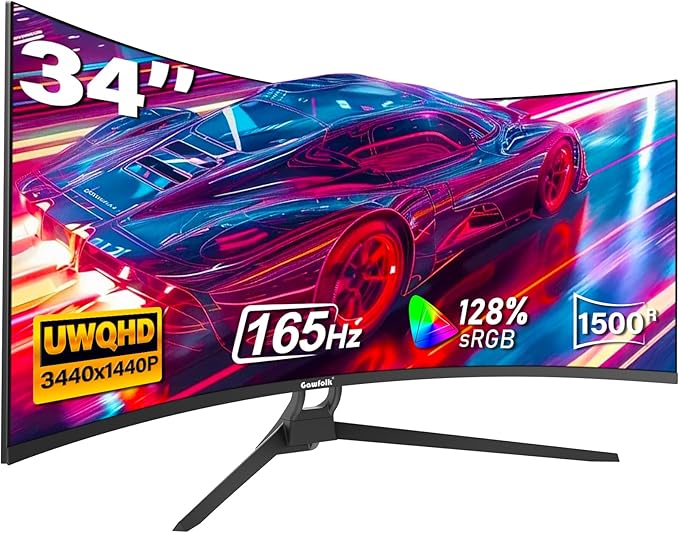 34 Inch Ultrawide Curved Gaming Monitor, 1500R PC Screen 165hz UWQHD 4K, Curved Computer Screen with FreeSync, Support Wallmount 75x75mm-Black