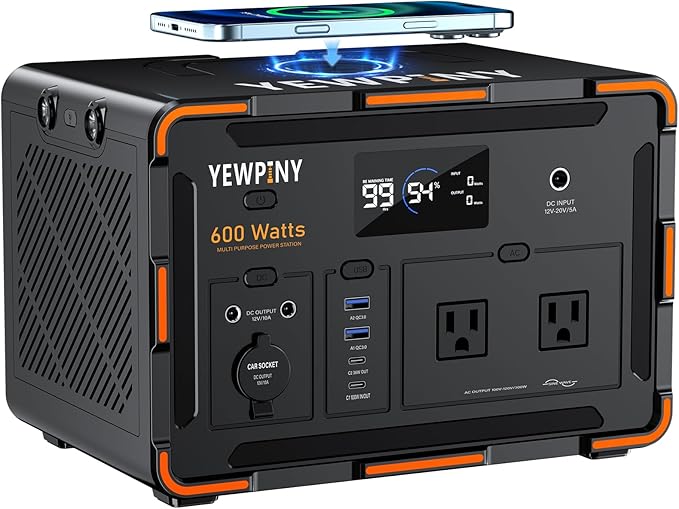 600W Portable Generator – featuring a 162000mAh battery, AC outlets, 100W USB-C PD, 10 outputs, and wireless charging. It's ideal for outdoor use, home, camping, travel, and emergencies.
