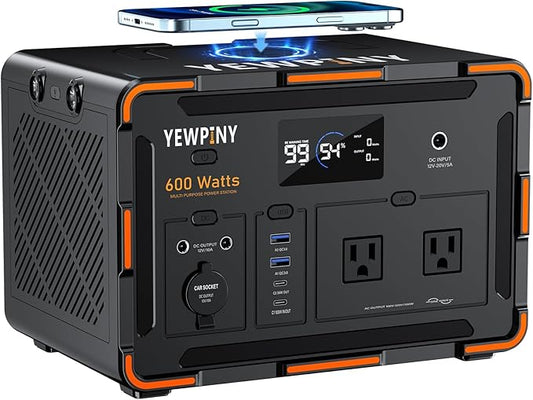 600W Portable Generator – featuring a 162000mAh battery, AC outlets, 100W USB-C PD, 10 outputs, and wireless charging. It's ideal for outdoor use, home, camping, travel, and emergencies.