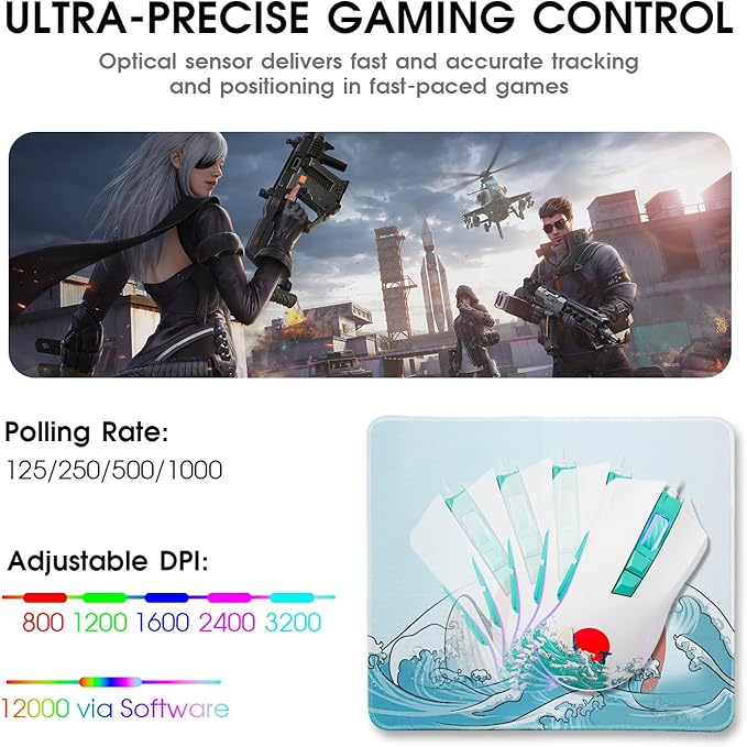 XVX Wired Gaming Mouse, 12000 DPI RGB Mouse with 12 Backlit Modes & 7 Macro Buttons, PC Gaming Mice Support DIY Keybinding, Gamer Computer Mice for Laptop PC Mac Windows, Coral Sea