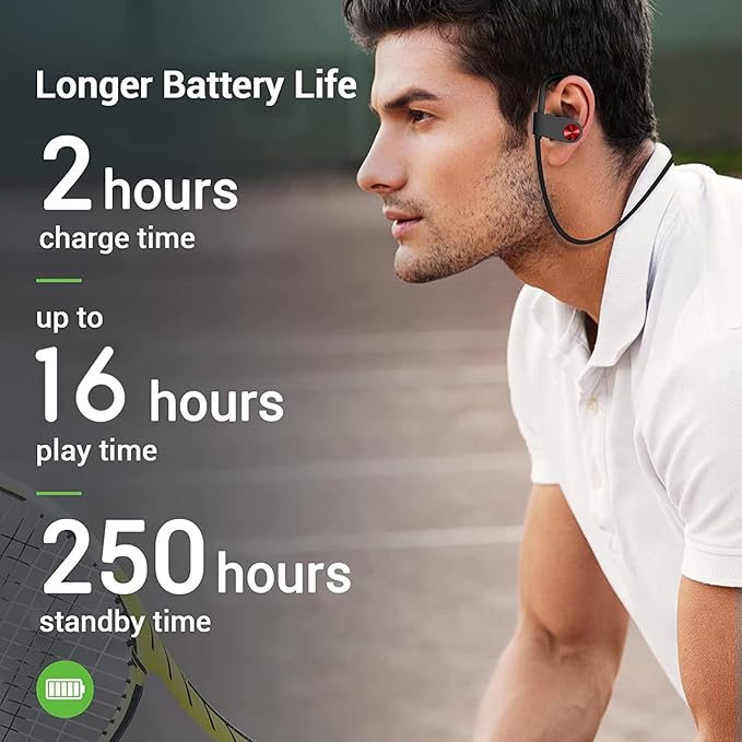 Bluetooth Headphones, Bluetooth 5.3 IPX7 Waterproof Wireless Sports Earbuds for Workout Gym, 16 Hrs Playtime Running Headphones with Noise Cancelling Mic, HiFi Bass Stereo in-Ear Earphones