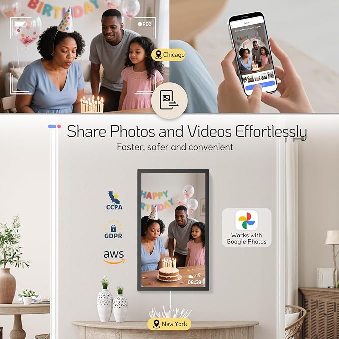 NexFoto 24 Inch Touchscreen Digital Picture Frame Large, FHD WiFi Electronic Photo Frame 64GB, Add Photos from Google Photos, Upload Videos via App/USB/Micro SD, Gifts for Housewarming, Mom, Black