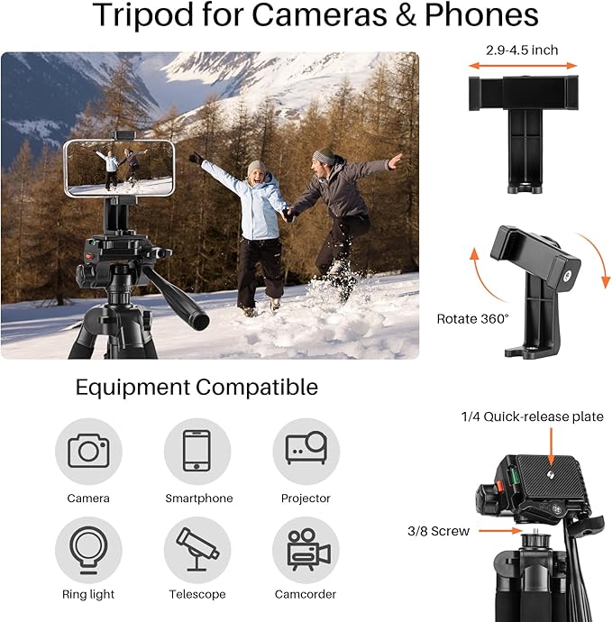 Fotopro 69'' Camera Tripod Lightweight Portable Travel Tripod for Camera and Phone with Detachable 3-Way Pan Head Phone Stand for Video Recording with Carry Bag and Cellphone Clip, Max Load 6.6lb