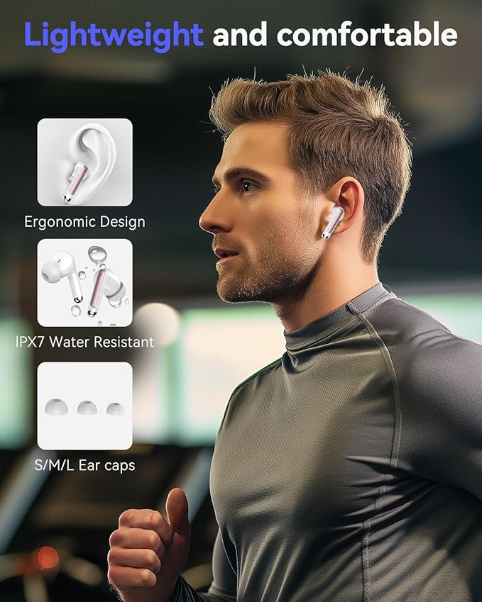 Bluetooth Headphones True Wireless Earbuds 42H Playback LED Power Display Earphones with Charging Case IPX7 Waterproof in-Ear Ear Buds with Mic for Sports, Rose Gold