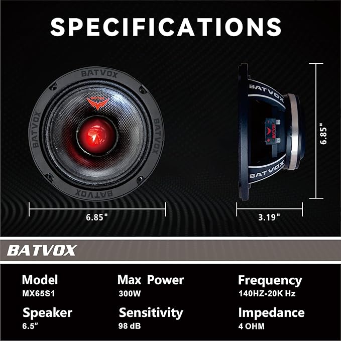 MX65S1 Midrange Loudspeaker 6.5" Red Bullet, 600W Max, 4 Ohms, Premium Quality Audio Door Speakers for Car or Truck Stereo Sound System, Black (1 Speaker)