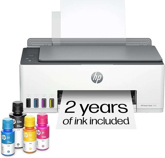 HP Smart Tank 5101 Wireless All-in-One Ink Tank Printer, Scanner, Copier with 2 years of ink, Best-for-home, Refillable, AI-enabled (1F3Y0A)