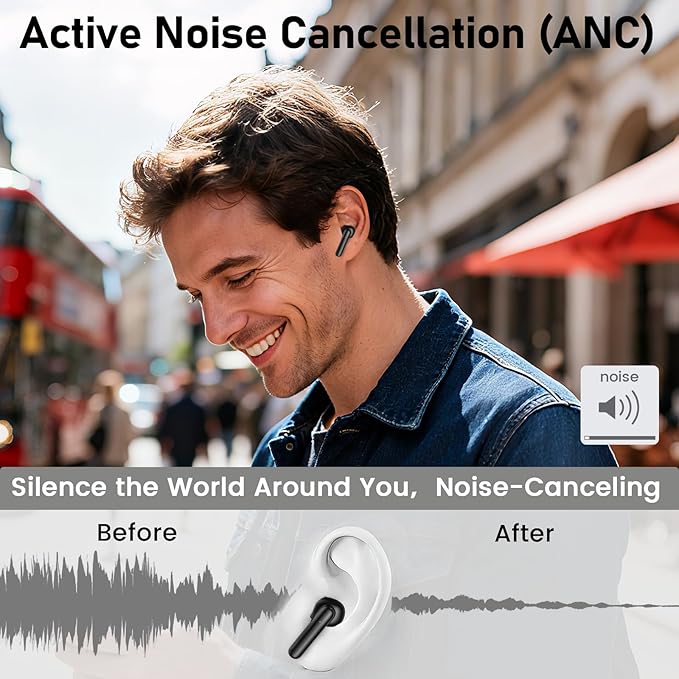 ANC Wireless Earbuds with Big Bass Durable, Lightweight Design for Noisy Factories, Gym, and Travel, Includes 3-Size Tips for Secure Fit