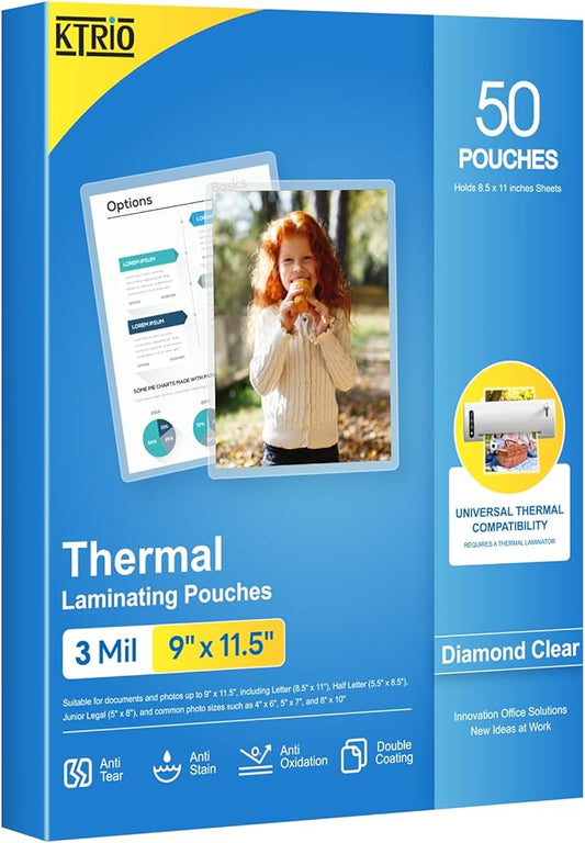 KTRIO Laminating Sheets, Hold 8.5 x 11 inches Sheets, 50 Pack, 3 Mil Clear Thermal Laminate Pouches for Laminator, 9 x 11.5 inch Lamination Paper for School, Home & Office