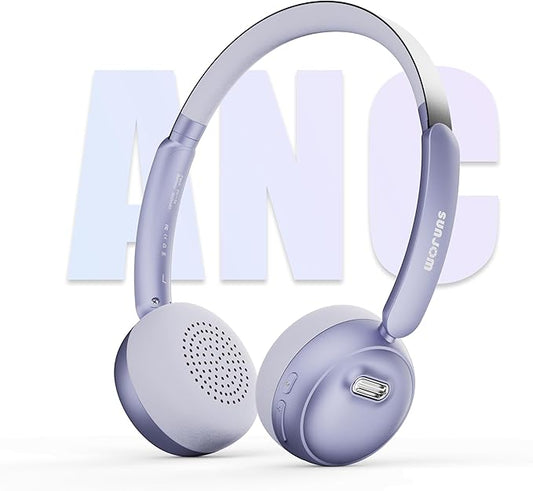 Sirius Wireless Retro Headphones, Bluetooth 5.4, 70H Playtime, ANC/ENC Active Noise Cancelling Reduction On-Ear with Microphone, Throwback 80's/ 90's Design-Purple