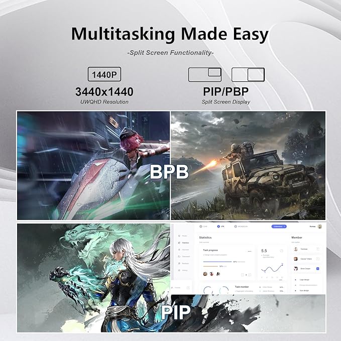 34 Inch Ultrawide Curved Monitor Gaming,21:9 WQHD 3440x1440p 165Hz Monitor with RGB Backlight,PIP/PBP,127% sRGB,Crosshair/Timer/FPS/RTS,FreeSync HDMI 2.0 x2 & DP1.4 x 2