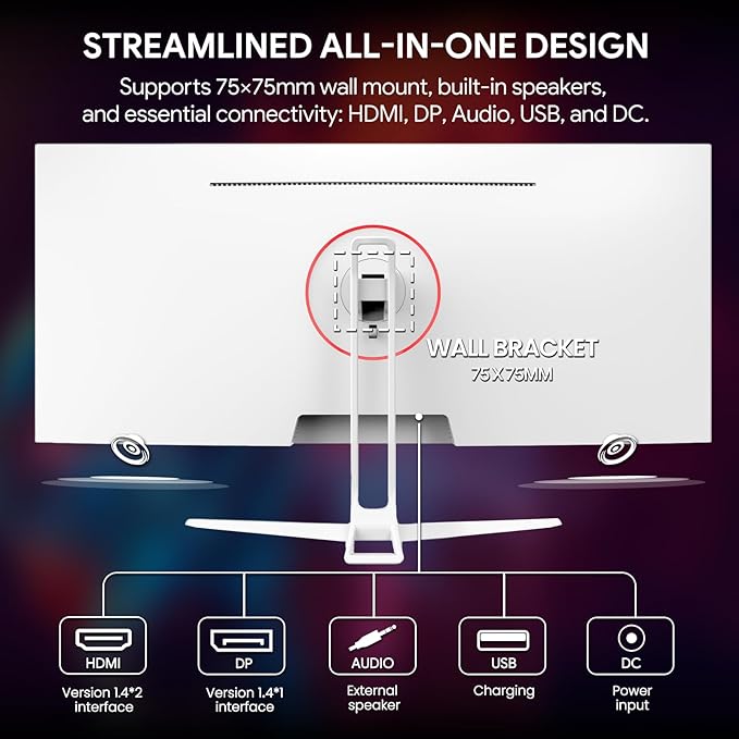 CRUA 34'' Ultrawide Gaming Monitor 120HZ, 21:9 WFHD 2560X1080 IPS Panel Computer Monitors with Built-in Speakers, Support AMD FreeSync, 120% sRGB, DP1.4 & HDMI1.4, Wall Mountable Installs-White
