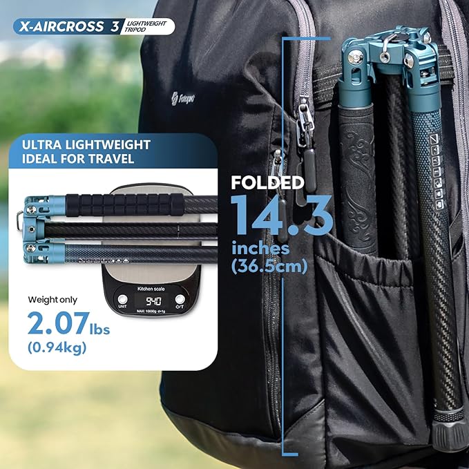 Fotopro Carbon Fiber Tripod 60 Inch 360 Degree Ball Head Quick Release Plate Lightweight Camera Tripod for Travel Tripod Folded Height Only 14.2",Max Loads up to 22lbs,Blue