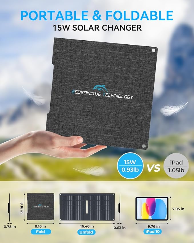 Ecosonique 15W Small Solar Charger Panels with USB C USB A Fast Charging Foldable Emergency Power Panels for Camping Backpacking Compatible with Cell Phone, iPhone, Samsung Galaxy, Google Pixel, LG