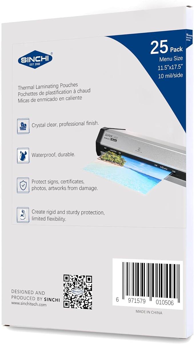 SINCHI Thermal Laminating Pouch, 10 mil per Side, 11.5x17.5-Inches Menu Size, 25pcs Pack, Ultra Clear & Sturdy Laminating Sheets