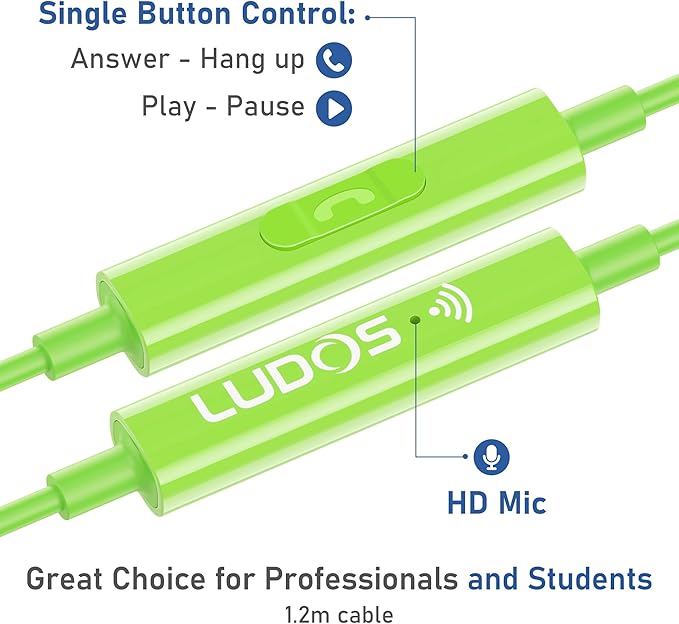 LUDOS OMNITONE Wired Earbuds in-Ear Headphones, 5 Years Warranty, Earphones with Microphone, 3.5 mm Jack Corded Ear Buds, Videoconference for iPhone, Samsung, Laptop, Kids, School Students - Green