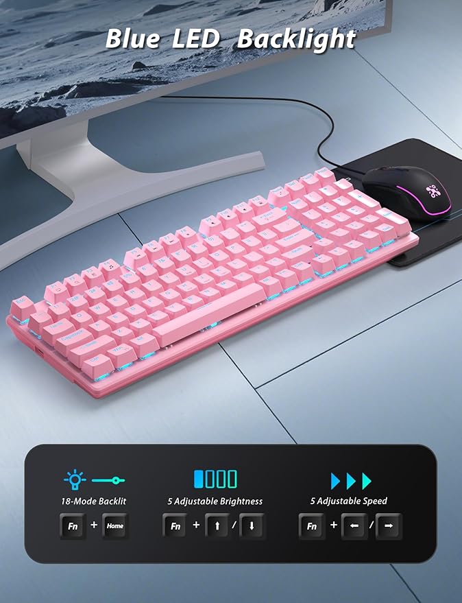 Mechanical Gaming Keyboard and Mouse, LED Backlit 98-Key Floating Keycap & 4 DPI RGB Gaming Mouse with Mouse Pad, Full Anti-Ghost Light Up Wired Computer Keyboards for MAC PC Gamer Accessories, Pink