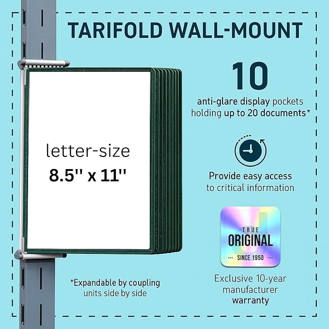 Tarifold Wall Mounted Reference and Display System, 10 Letter-Size Pockets, Double-Sided Viewing, Green (W251)