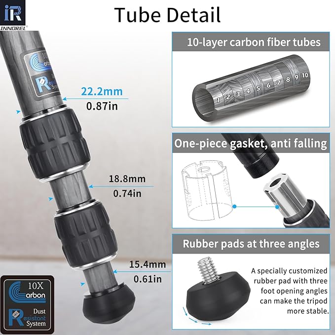 INNOREL 10-Layer Carbon Fiber Mini Tripod CT223C Desktop Tripod with Low Position Macro Shooting, Tabletop Camera Stand, Compact Lightweight Portable for Digital DSLR, DV Video, Max Load 22lb/10kg