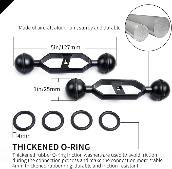 Black 5" Underwater Aluminum Alloy Extension Arm (2-Pack) - Dual Ball System with 1" Head Connector, Waterproof & Rustproof for Diving Camera Tray/Strobe/Video Light, Scuba Photography Gear