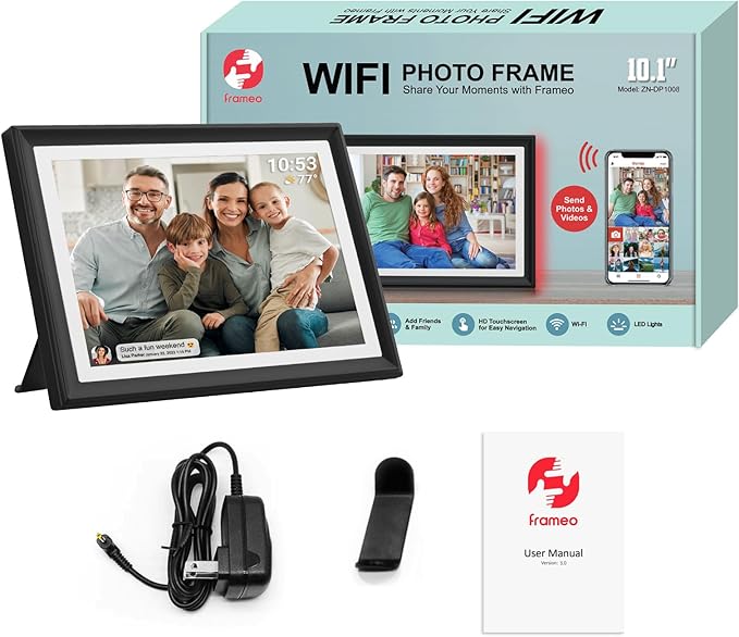 32GB FRAMEO 10.1 Inch WiFi Digital Photo Frame with LED Light, 1280x800 HD IPS LCD Touch Screen, Auto-Rotate Portrait and Landscape, 32GB Storage, Share Moments Instantly via Frameo App from Anywhere