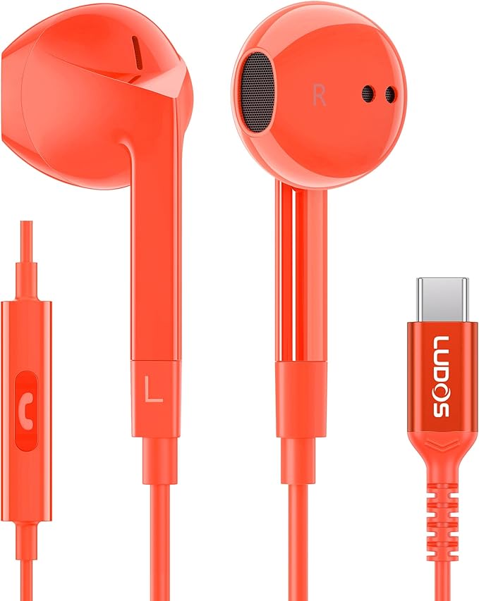 LUDOS FEROX USB C Headphones for iPhone 16 15 Pro Max Plus iPad Pro, 5 Years Warranty, Magnetic USB-C Earbuds for Samsung Galaxy S24 S23 Ultra S22 S21 S20 A55 A54 A53, USB Type C Earphones - Coral