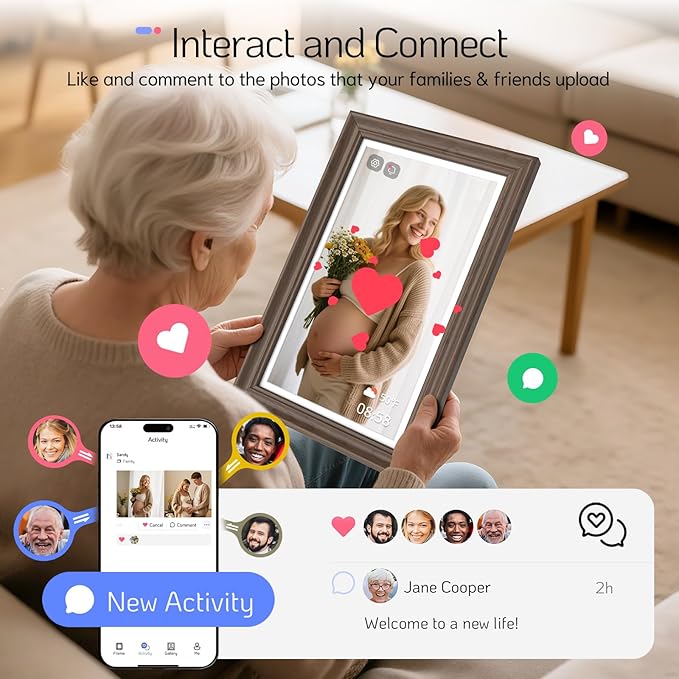 NexFoto Touchscreen Digital Picture Frame 15.6'', FHD WiFi Digital Photo Frame, 64GB Wood Electronic Picture Frame, Add Photos from Google Photos, Share Videos, for Mom, Birthday, Walnut