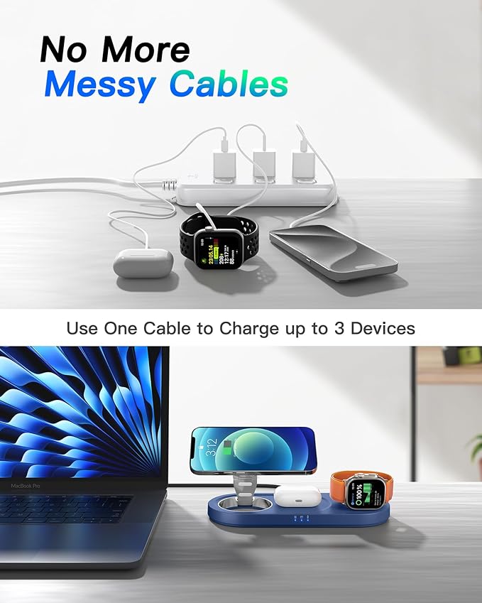 Upgraded 3 in 1 Wireless Charging Station for Apple Devices, Faster Mag-Safe Charger Stand, Magnetic Charger Station for iPhone 17/16/15/14/13/12 & AirPods Pro & Apple Watch Series (Sapphire Blue)