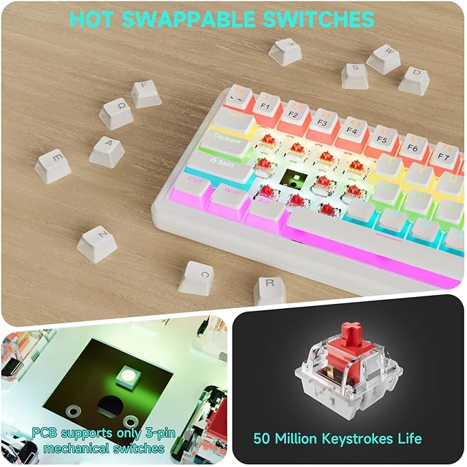 75% Mechanical Gaming Keyboard Wired, 77 Keys Anti-Ghosting, Hot Swappable Red Switch & Ergonomic Design, Rainbow LED Backlit Mechanical Keyboard for PC, Laptop, Gaming, Office