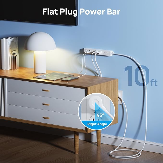 TROND Surge Protector Power Strip with USB, Ultra Thin Flat Plug 10ft Long Extension Cord 1625W, 3 USB A & 1 Type C, 4 AC Outlets 1440J Surge Protection Wall Mount for Home Office Dorm Room, White