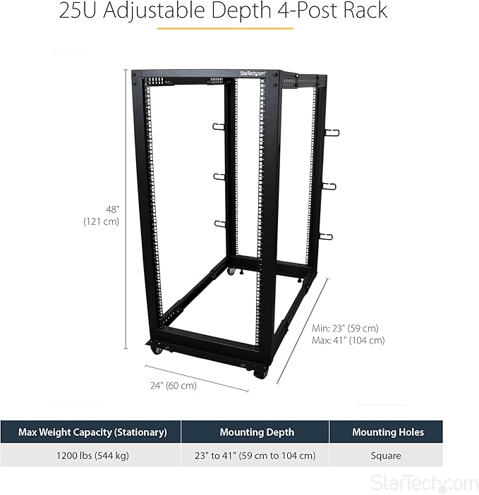StarTech.com 4-Post 25U Mobile Open Frame Server Rack, 19in Network Rack with Wheels, Rolling Rack for Computer/AV/Data/IT Equipment - Casters, Leveling Feet or Floor Mounting (4POSTRACK25U)